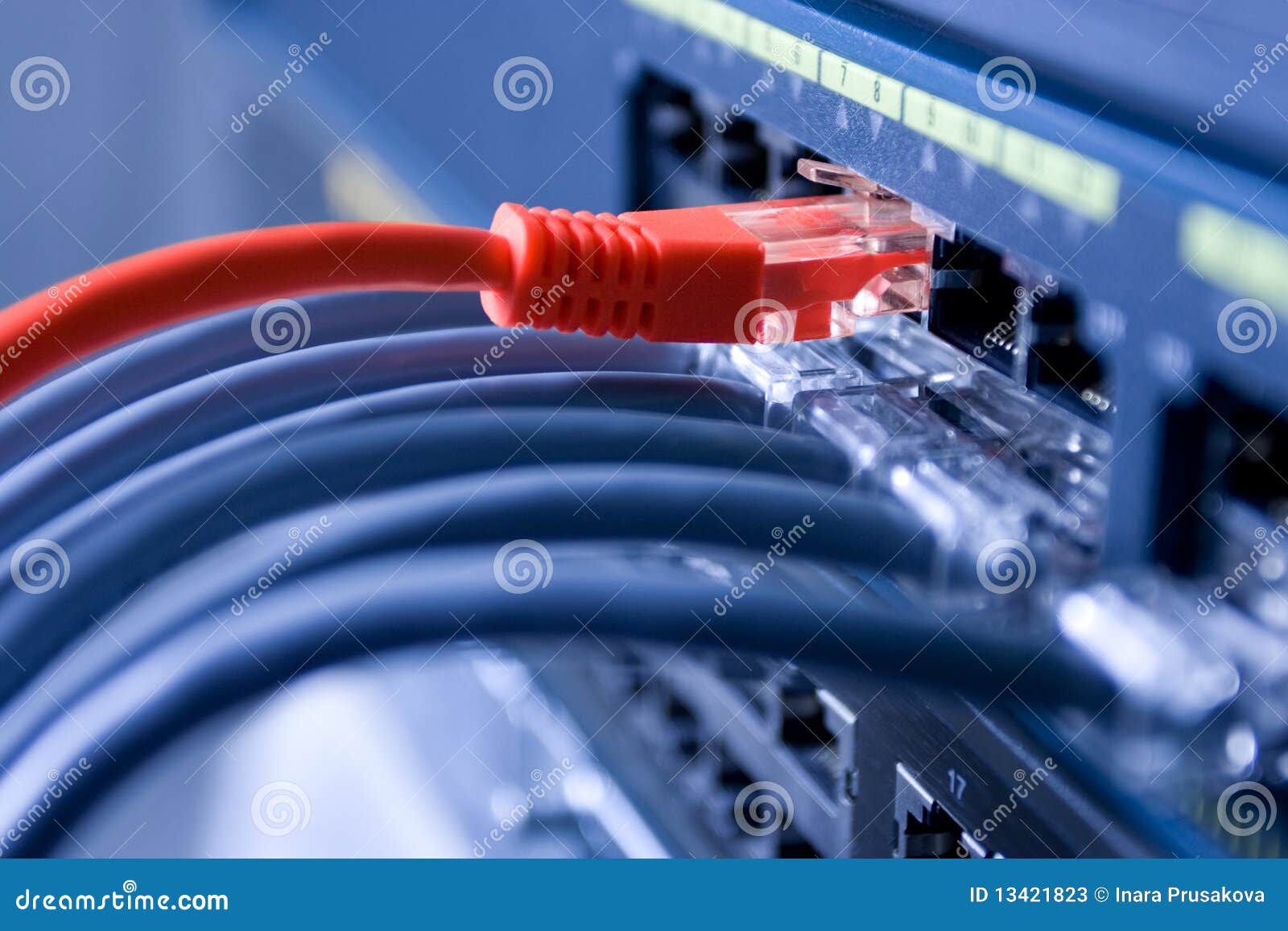 information technology computer network, telecommunication ethernet cables connected to internet switch, data center concept