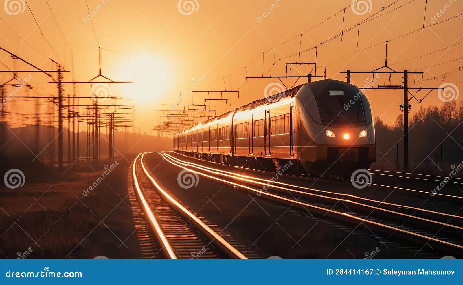 High Speed Train Silhouette in Motion at Sunset. Fast Moving Modern