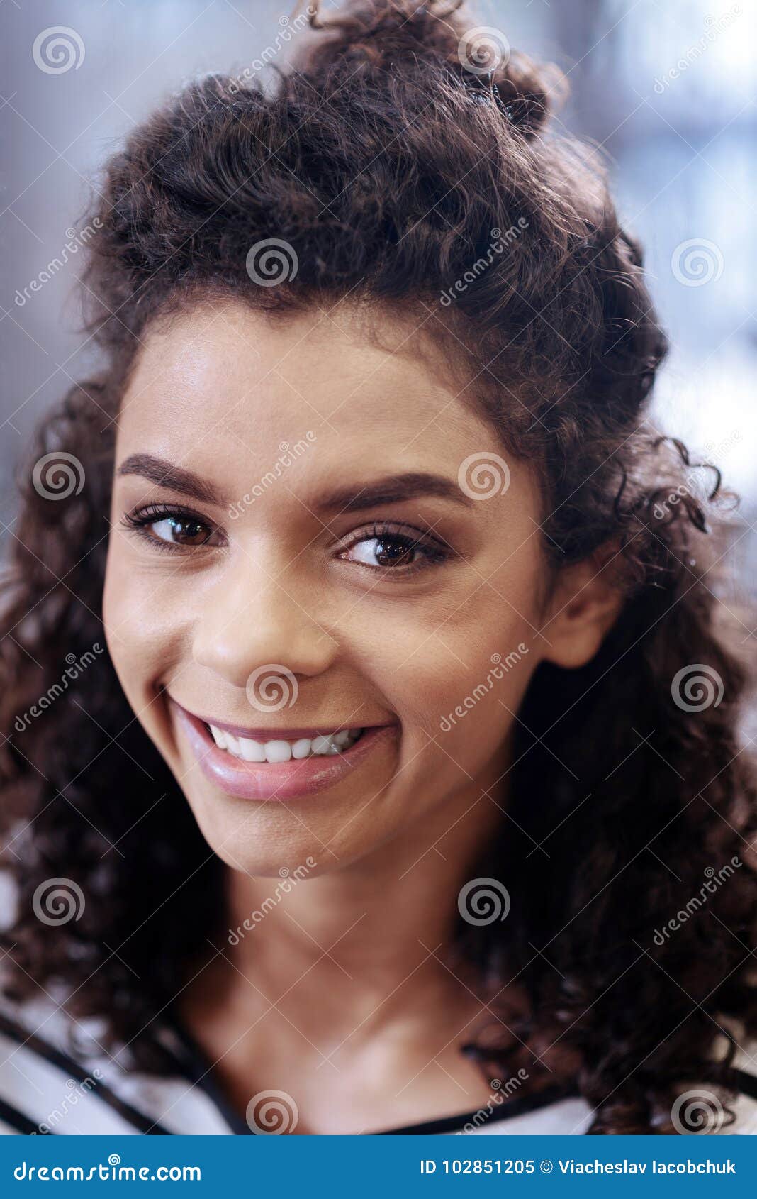 Nice Content Smiling Curly Haired Girl Stock Image Image Of