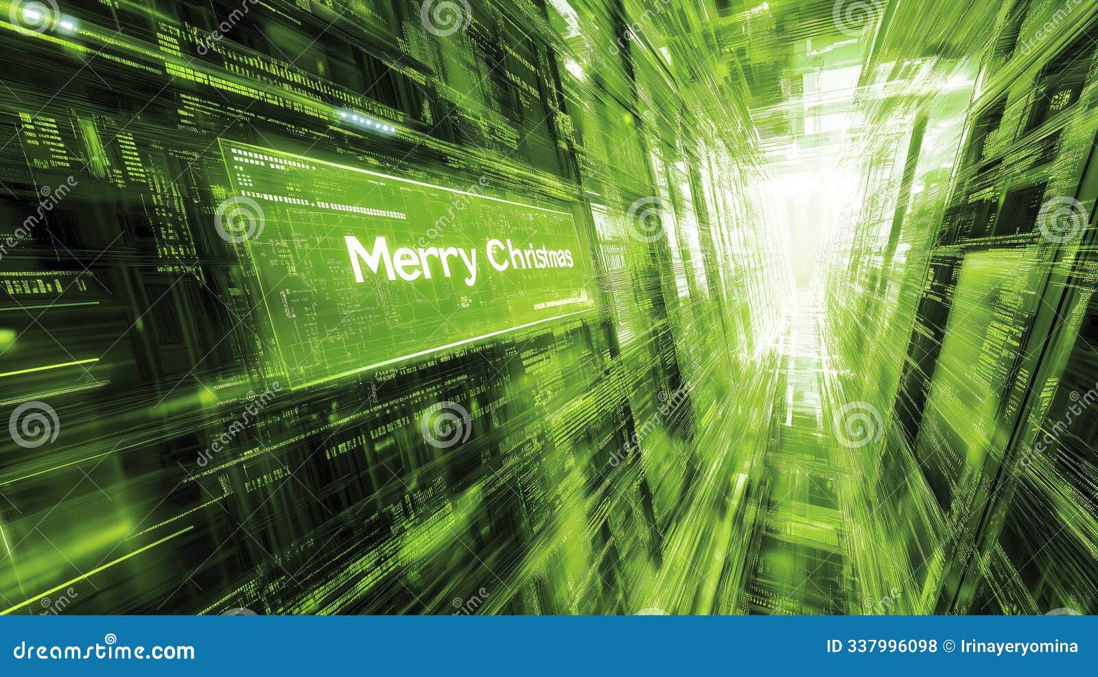 a high-tech christmas greeting featuring a glowing screen and festive cables in a programmers workspace