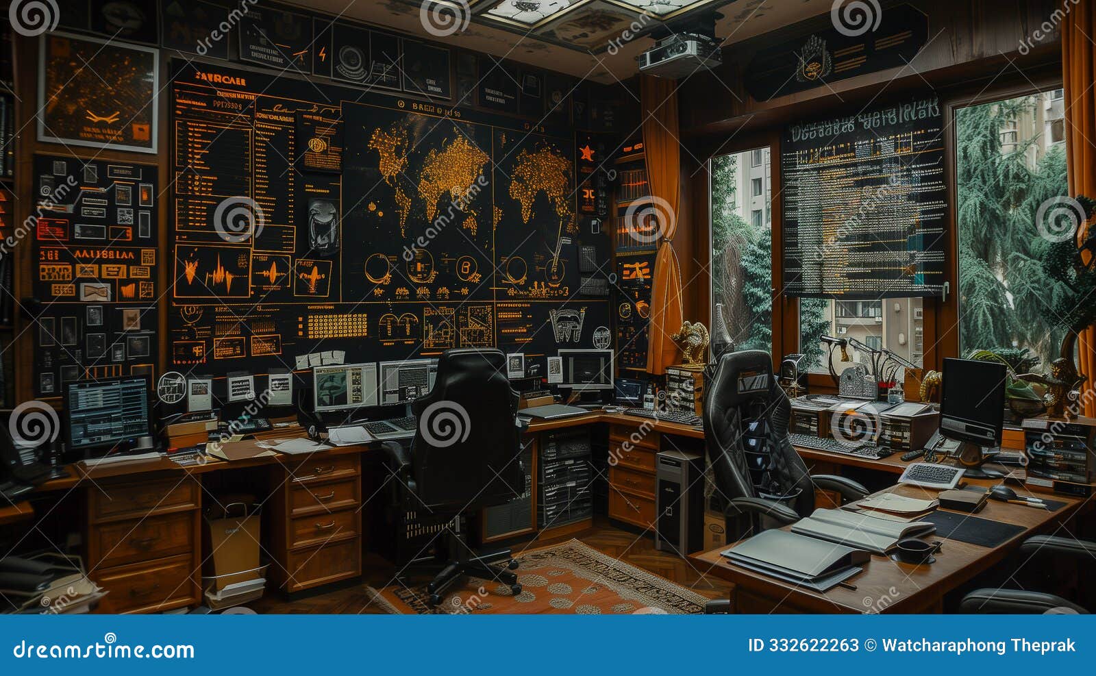 high-tech command center with data visualization displays