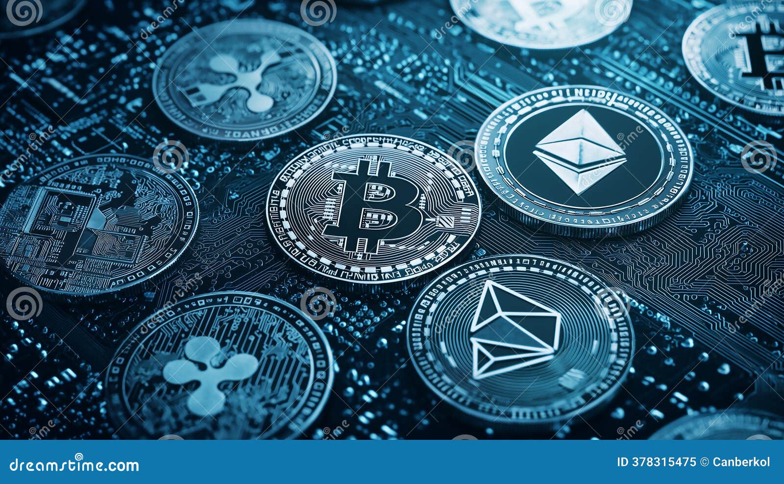Various Cryptocurrencies Including Bitcoin and Ethereum on Circuit Board  Background Symbolizing Fintech and Digital Finance Stock Illustration -  Illustration of futuristic, board: 378315475