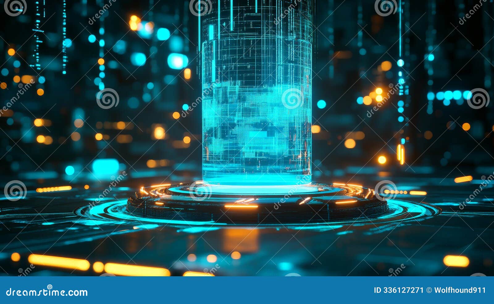 a high-tech display pedestal with a glowing cyan base and holographic s, floating in a
