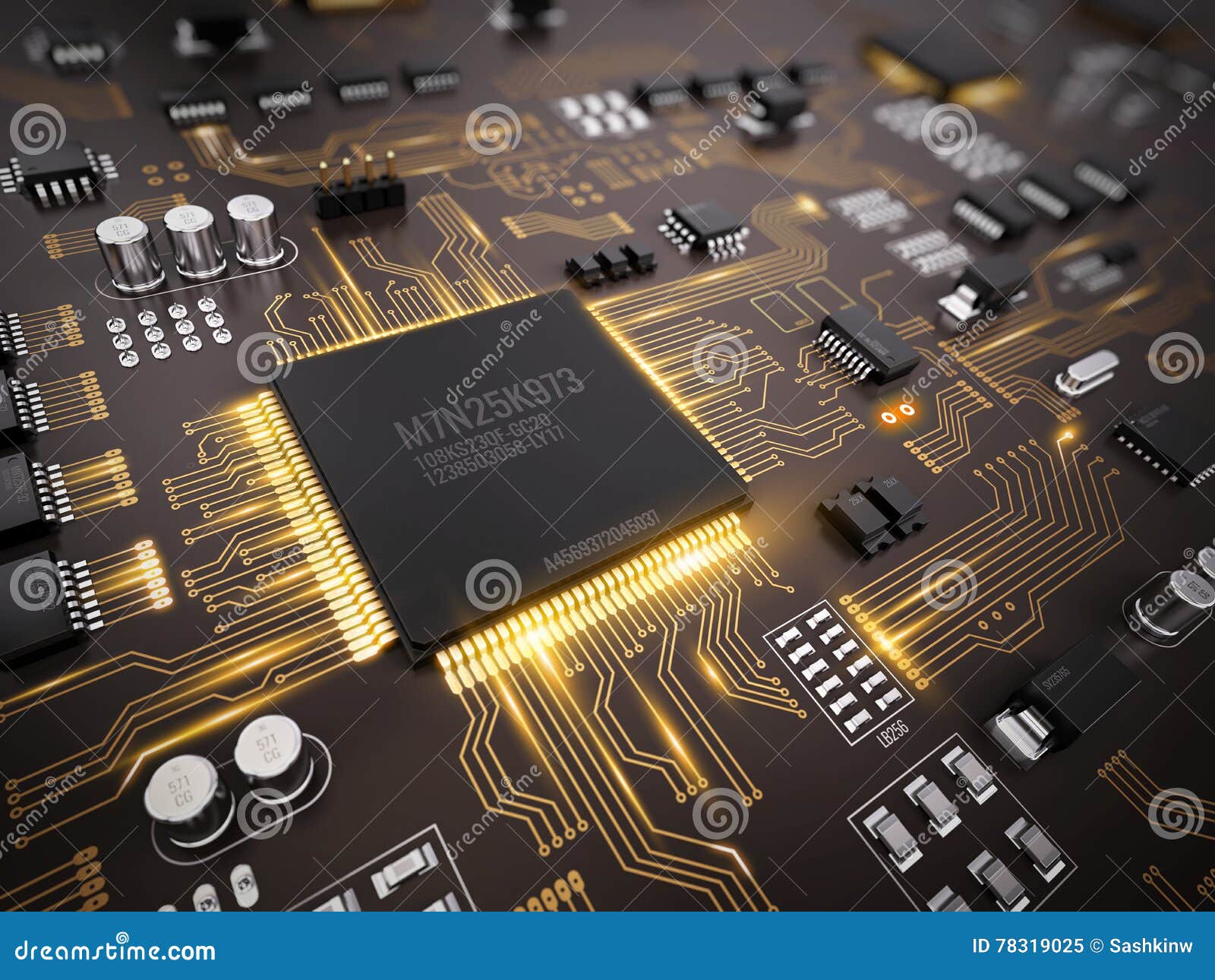 high tech electronic pcb (printed circuit board) with processor, microchips and glowing digital electronic signals