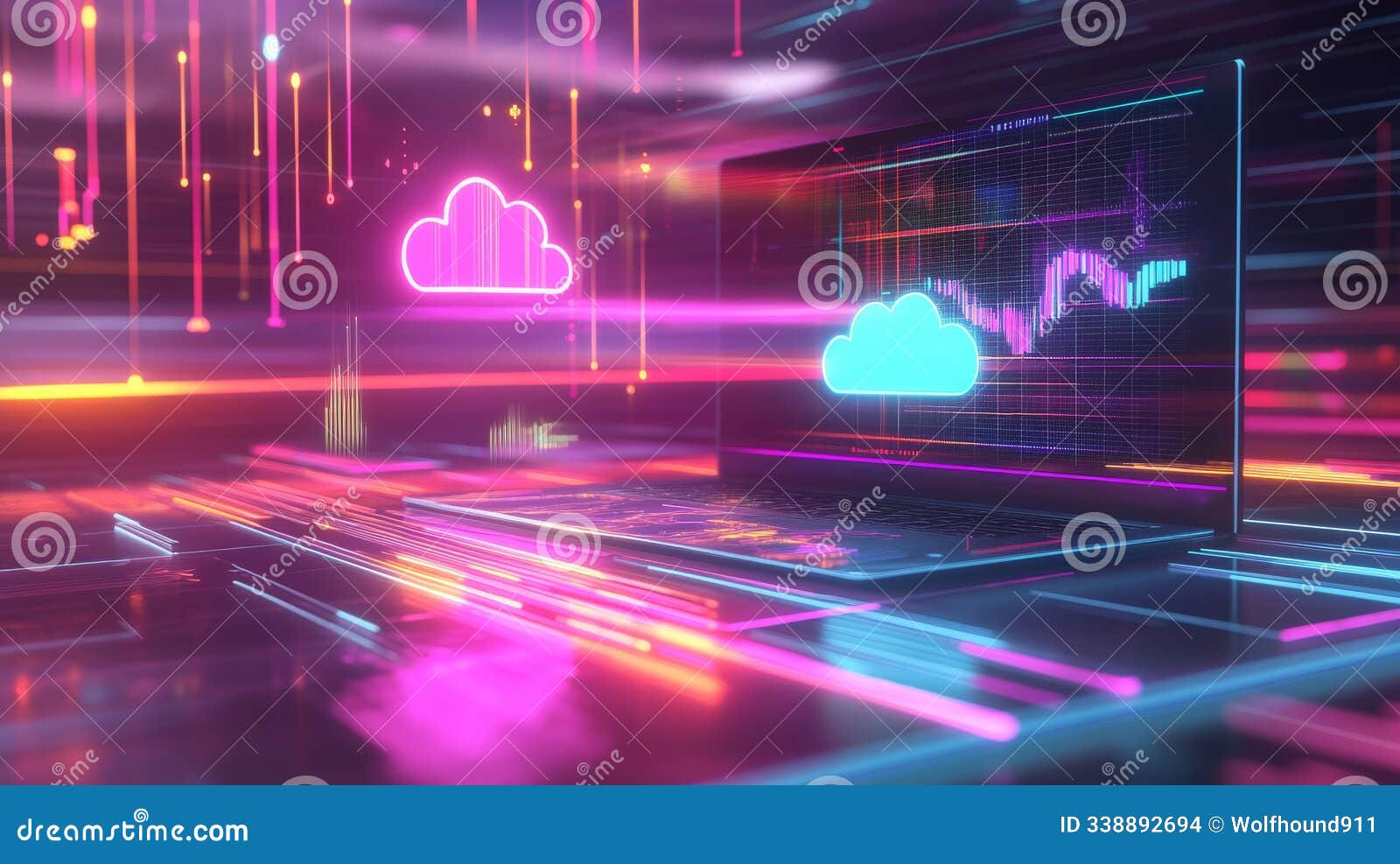 a high tech environment with a laptop displaying virtual data being downloaded from the cloud,