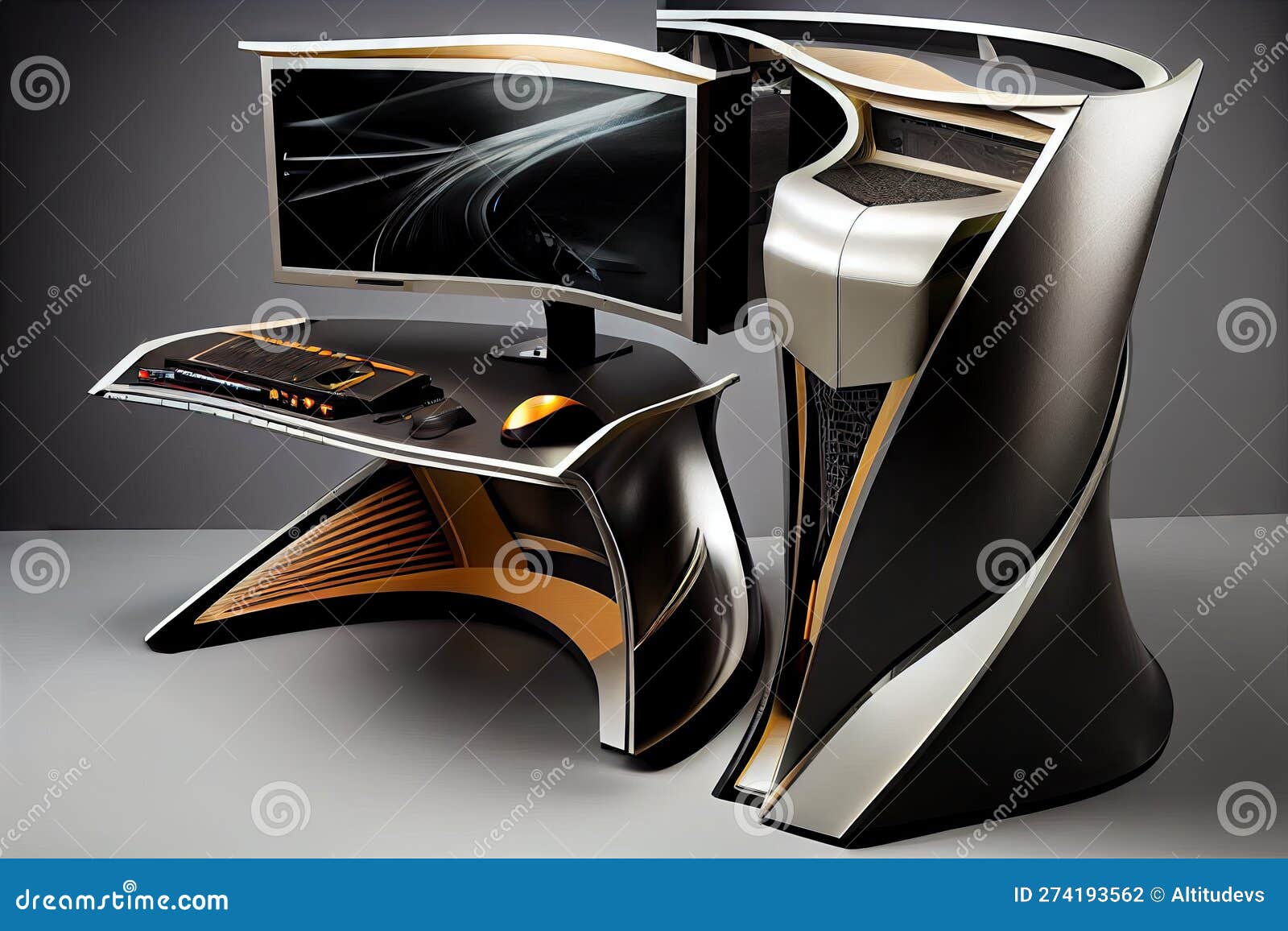 High-tech Gaming Desk with Sleek and Futuristic Design, Featuring Sleek  Computer Tower and Curved Monitor Stock Illustration - Illustration of  gadget, devices: 274193562
