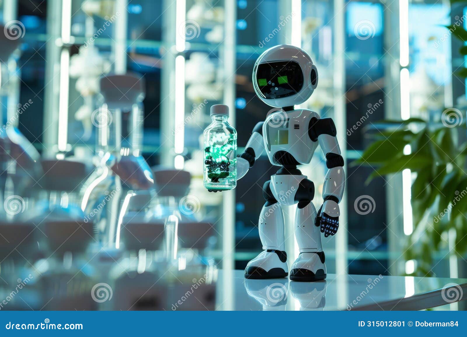 futuristic robot holding a bottle with a microenvironment in a modern office
