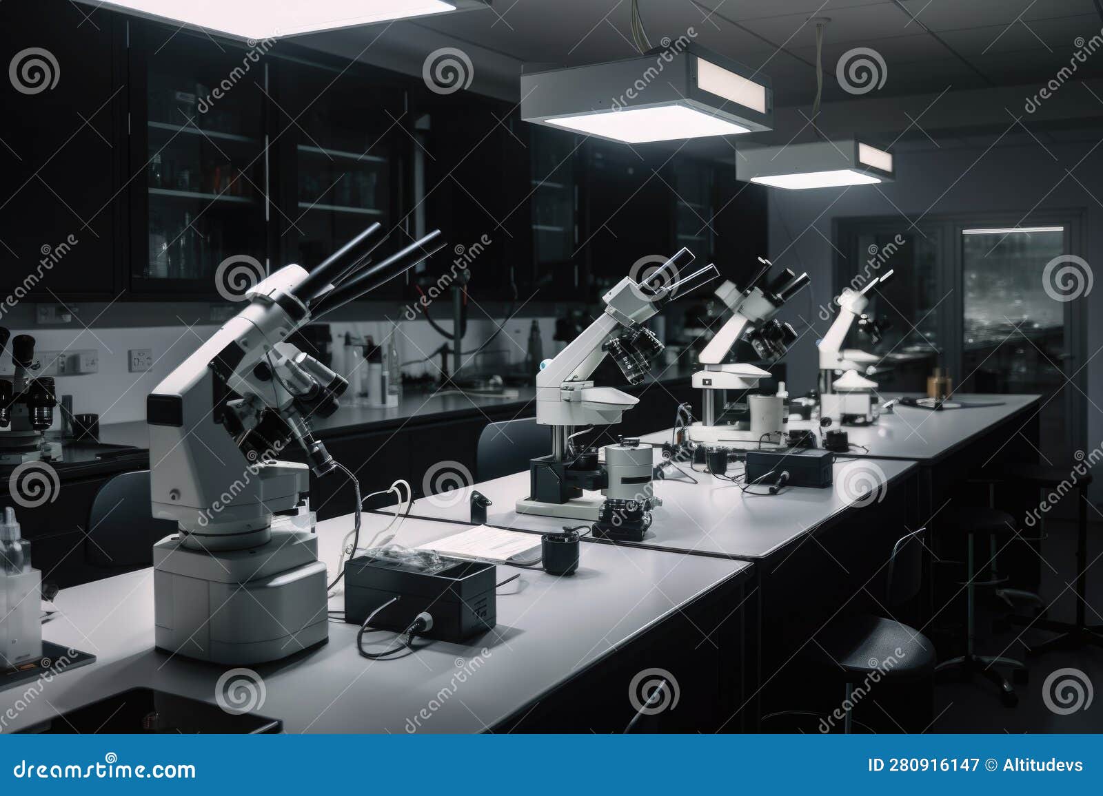 Hightech Laboratory, with Rows of Microscopes and Advanced Equipment