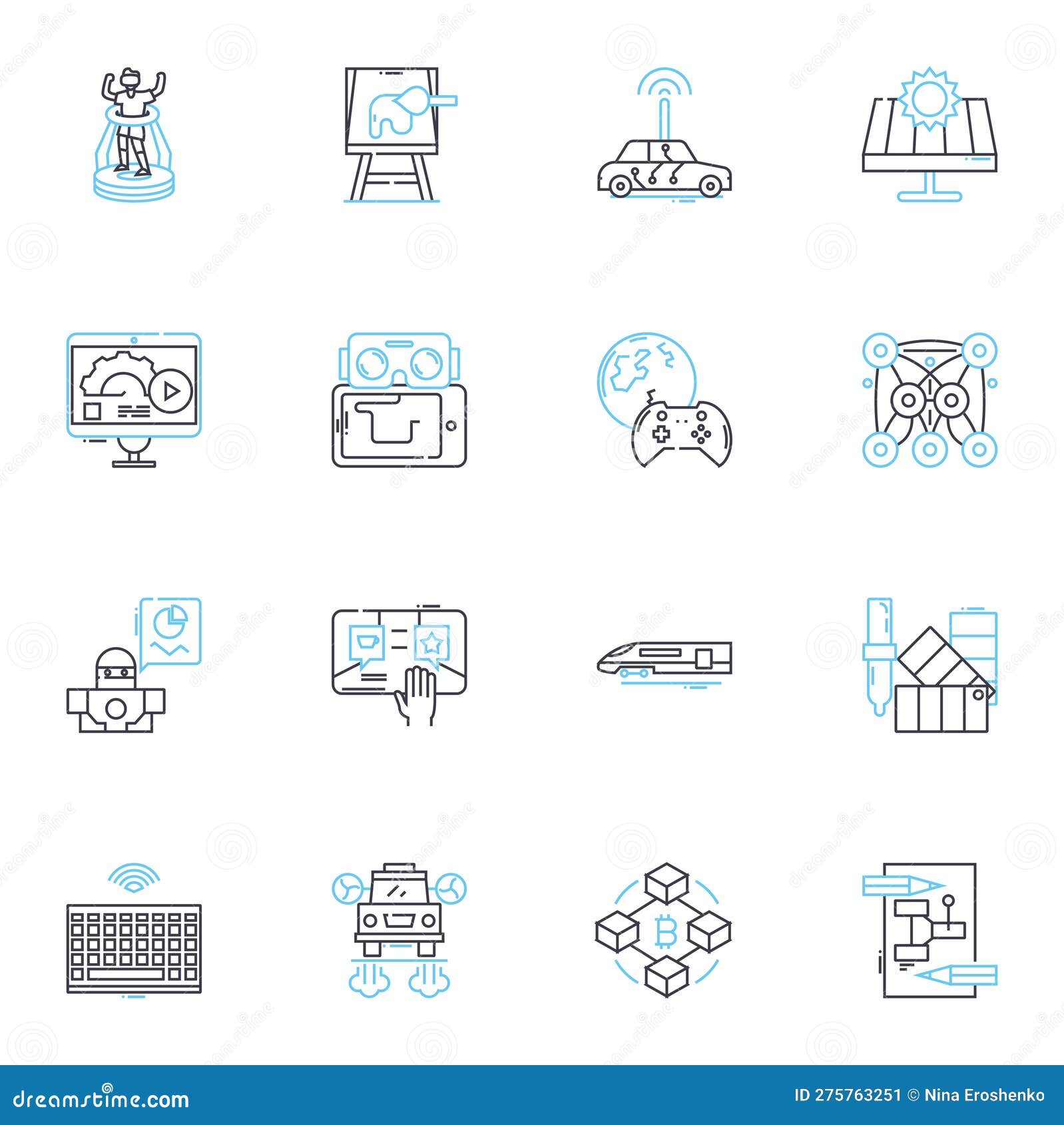 high-tech production linear icons set. automation, robotics, innovation, digitalization, precision, efficiency, nano