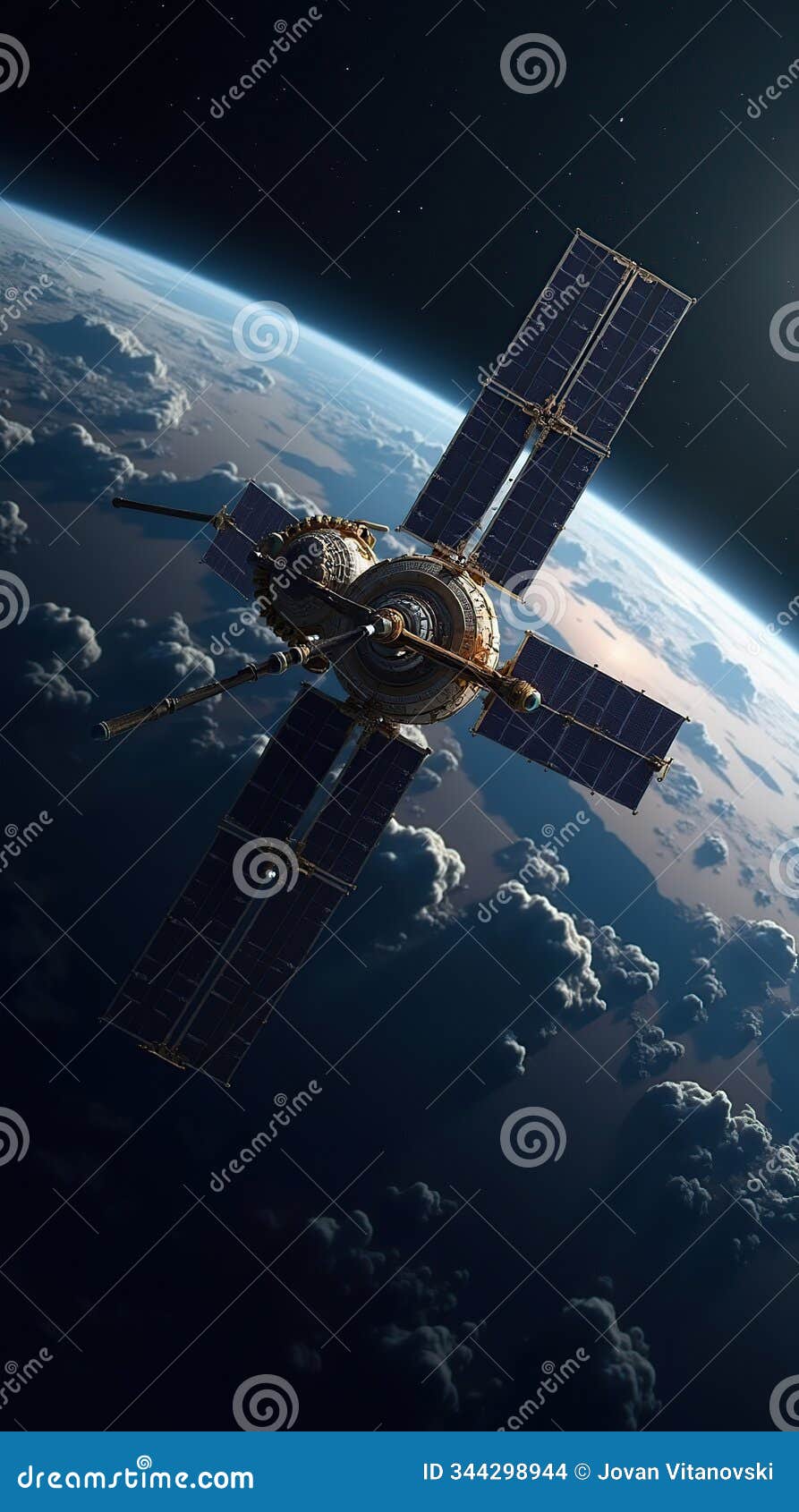 high-tech satellite with solar arrays orbiting earth in dark space