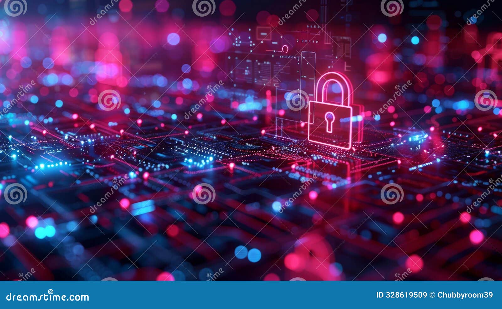high-tech visualization of cyber security technology with digital locks and firewall graphics protecting network data.