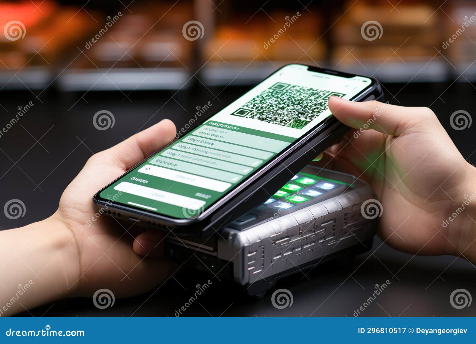 High Technology Cash Register in a Store. QR Code on Phone Stock