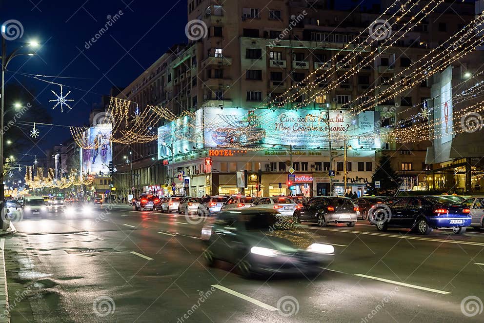 High Traffic on Christmas Eve Downtown of Bucharest City at Night