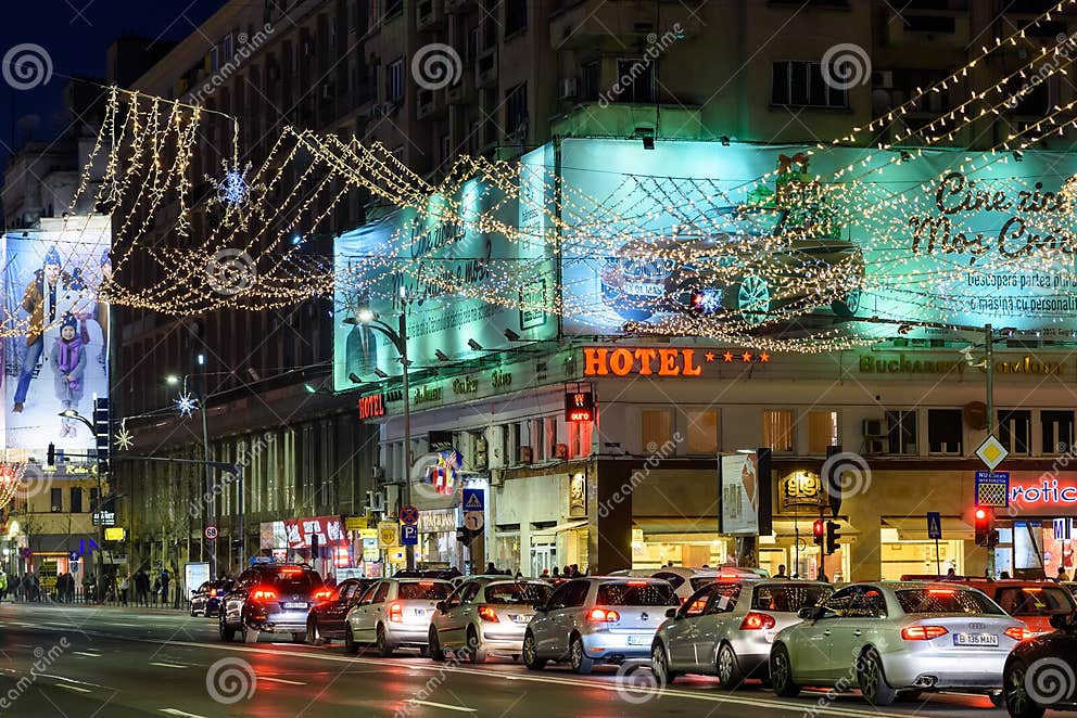 High Traffic on Christmas Eve Downtown of Bucharest City at Night