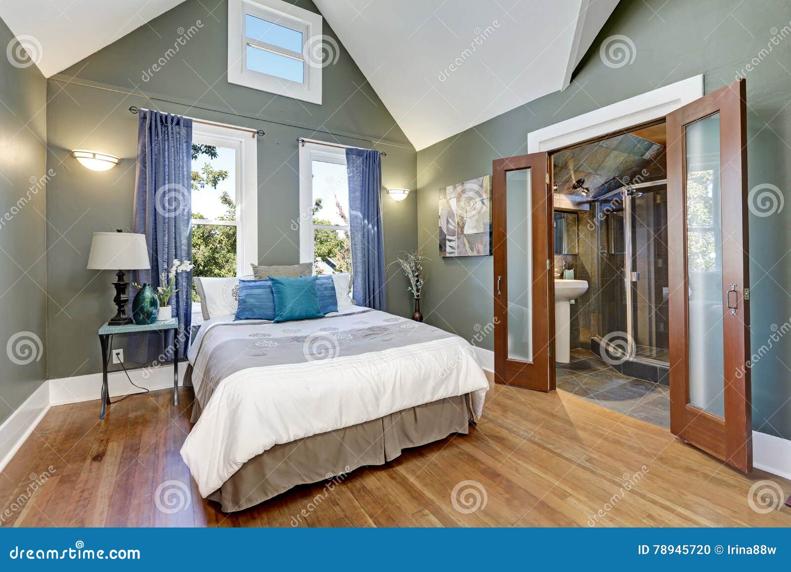 High Vaulted Ceiling Bedroom Interior Design Stock Photo Image