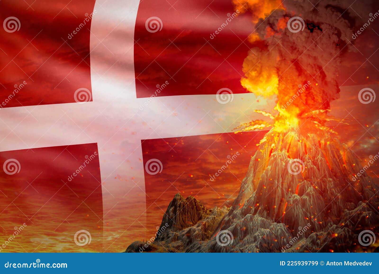 High Volcano Blast Eruption at Night with Explosion on Denmark Flag