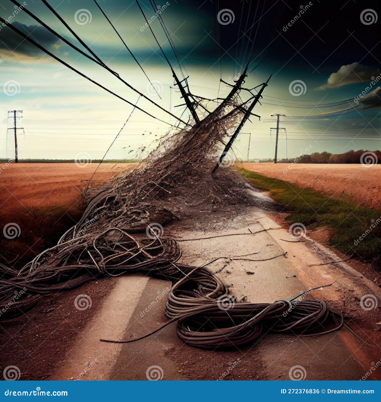 High Voltage Electrical Cables on Ground after Storm and Power Line