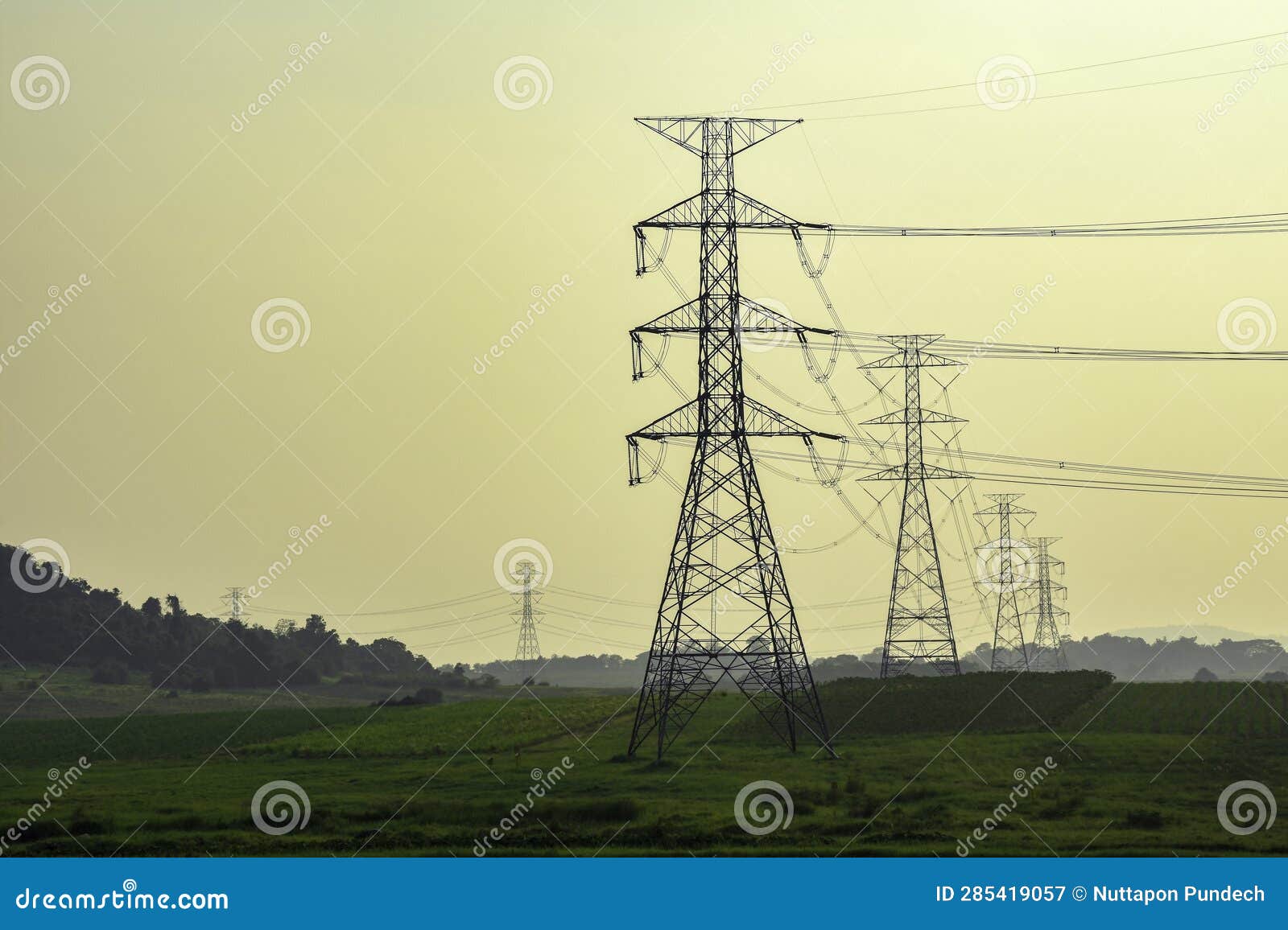 High Voltage Electricity Distribution Pole with Trees Shadow at Sunset