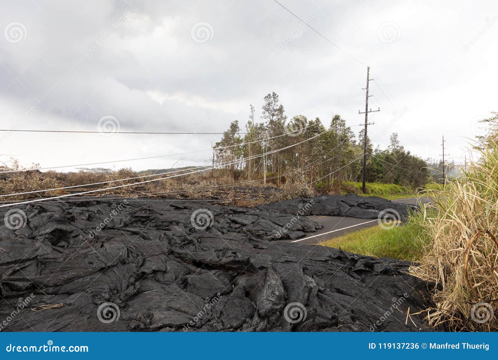 High Voltage Power Line Destroyed by a Lava Flow in Hawaii Stock Photo ...