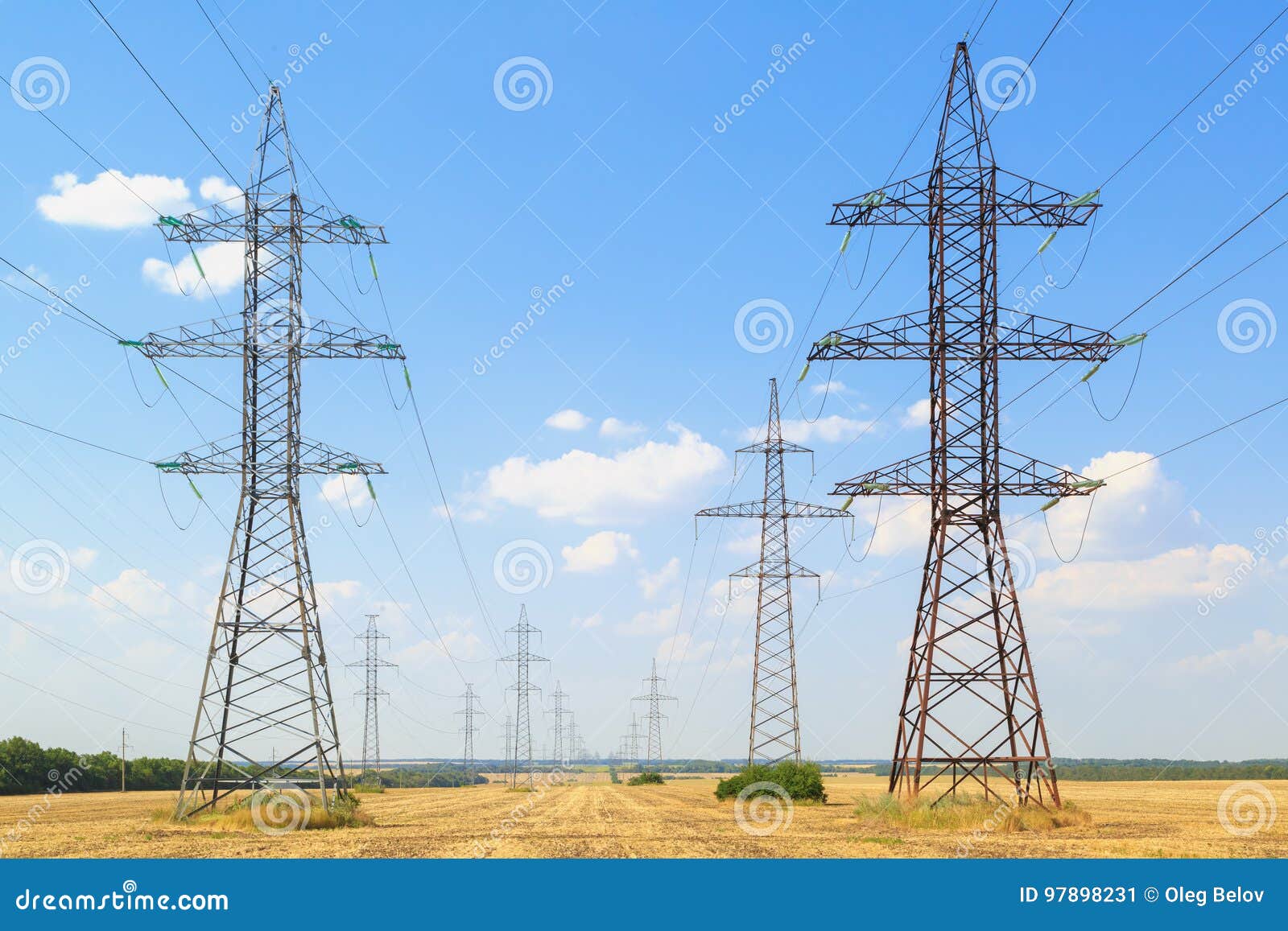 Highvoltage Power Lines Pass through Yellow Fields Stock Image Image