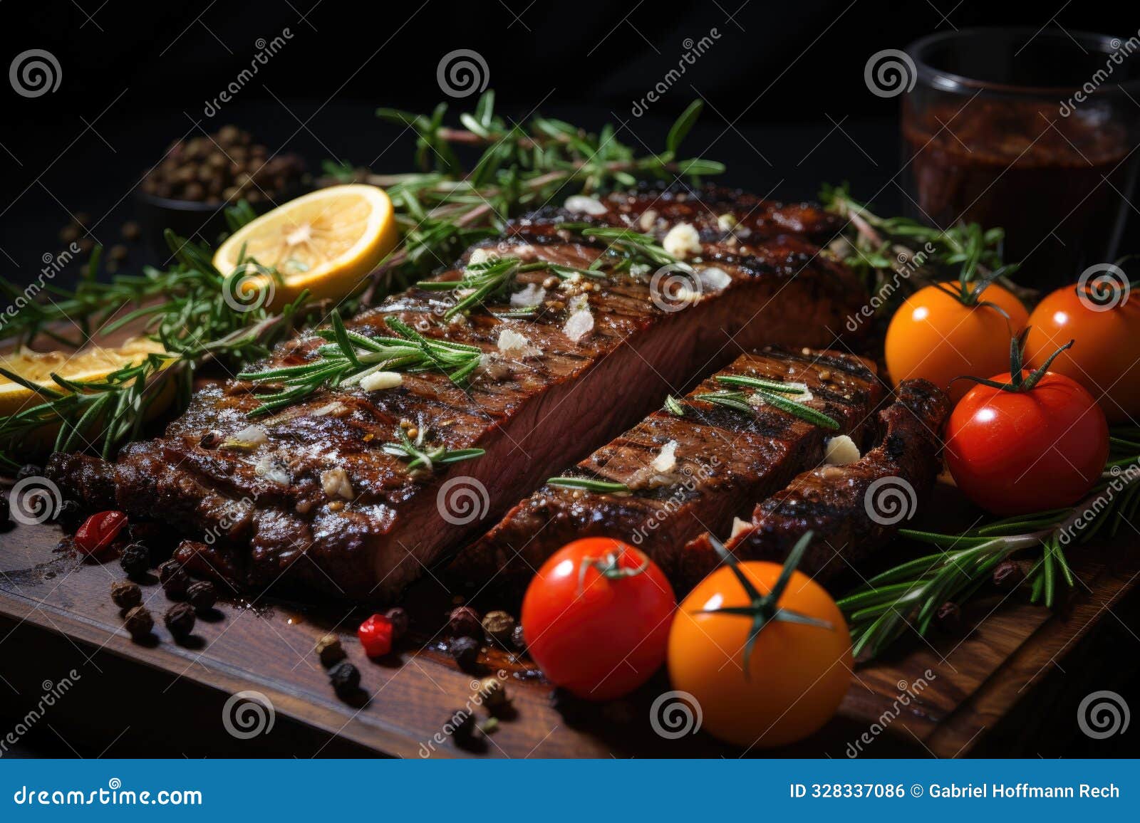 higher steak with tomatoes and spicy sauce in meat