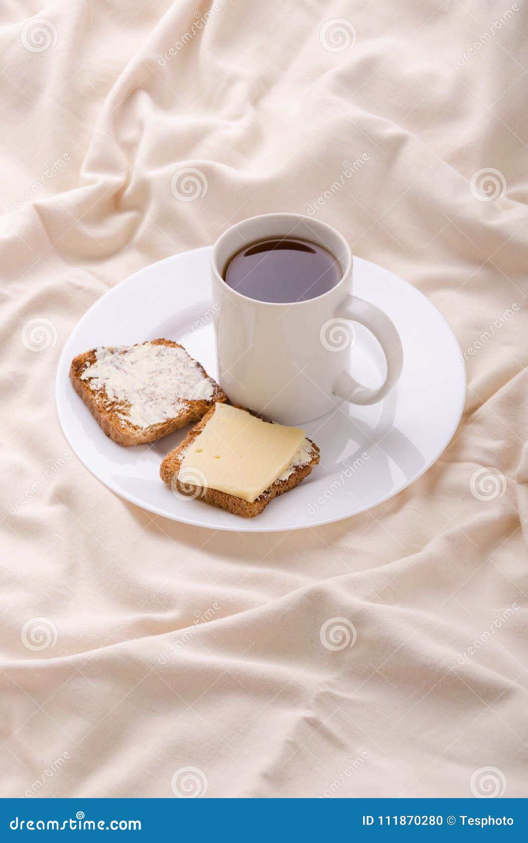Black Tea and Toast in Bed. Healthy Drink. Concept. Stock Photo Image