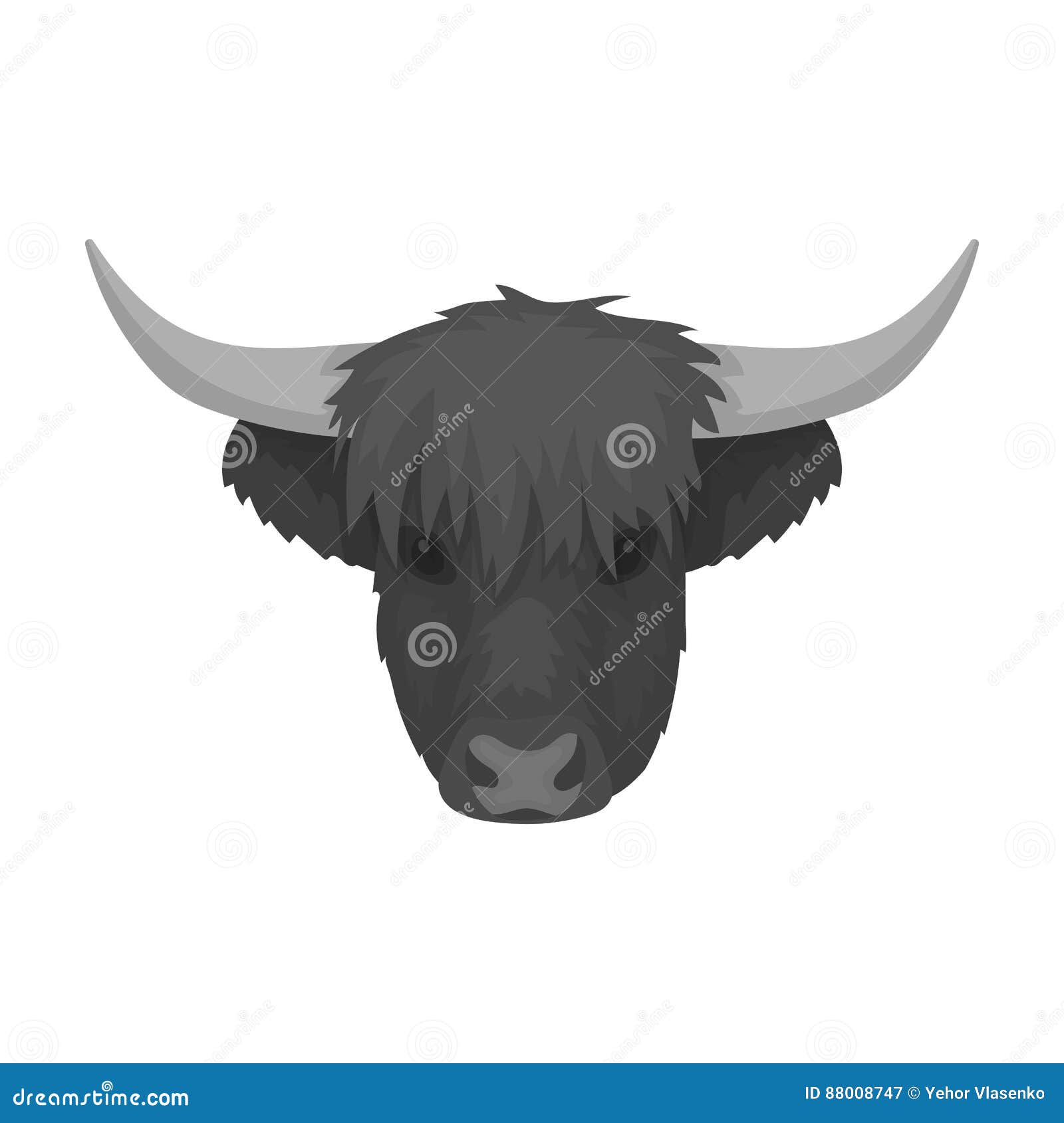 highland cattle head icon in monochrome style  on white background. scotland country  stock 