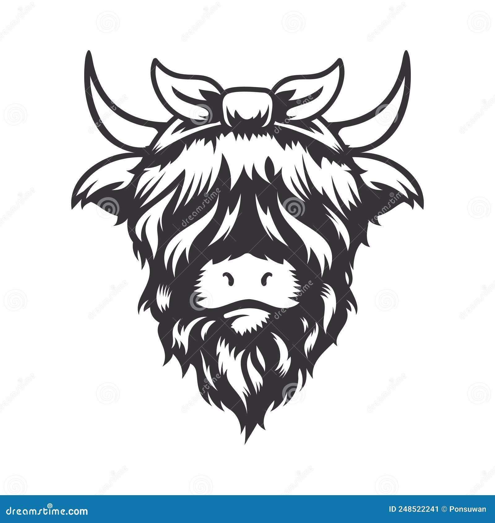 highland cow cute bow head  with ribbon hairband. farm animal. cows logos or icons.  