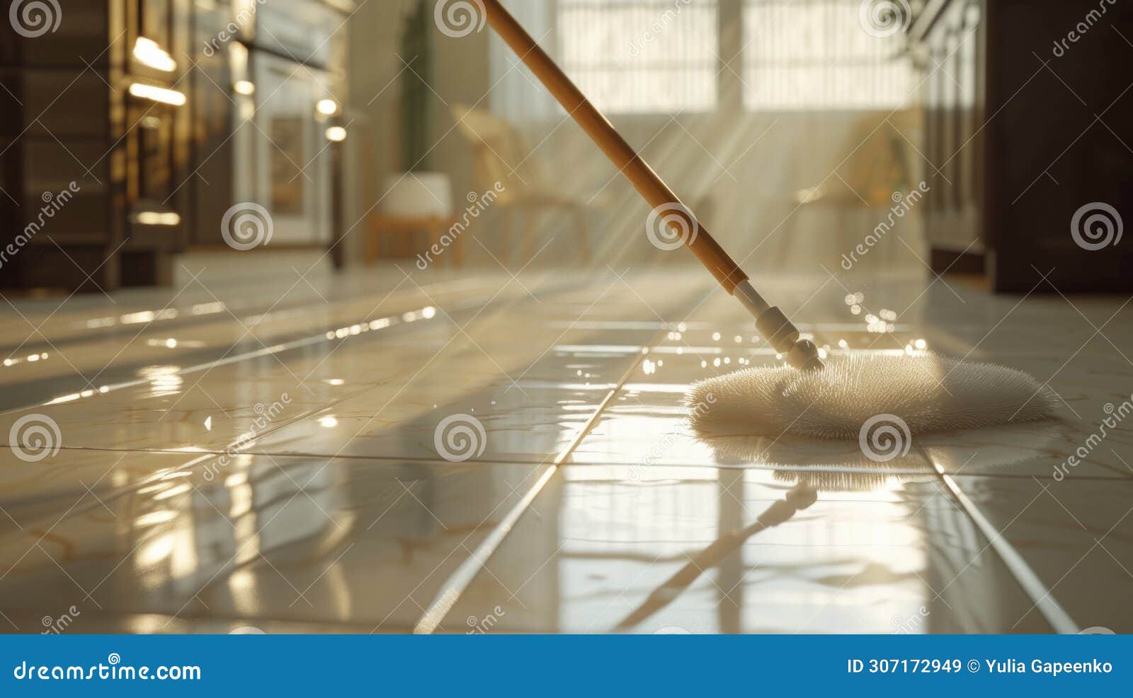 highlight the cleanliness of freshly and mopped floors. a mop leaving behind gleaming tiles