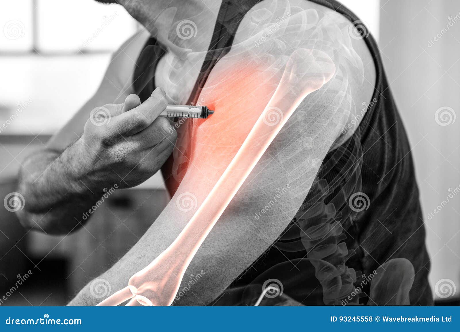 Highlighted Arm of Strong Man Injecting Anabolic Steroid at Gym Stock