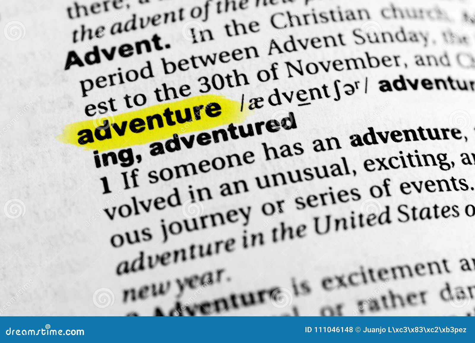 Highlighted English Word `adventure` and Its Definition in the