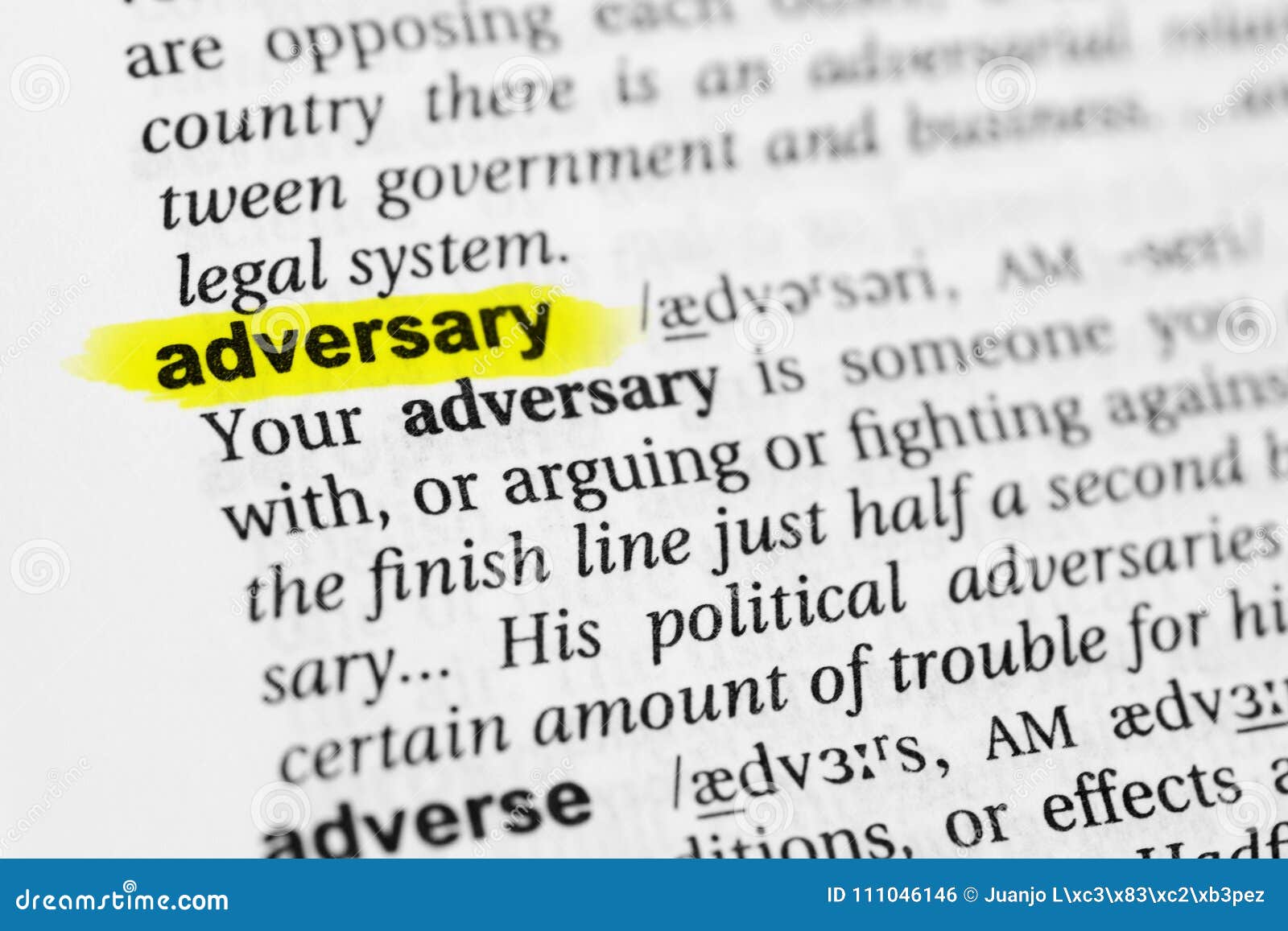 highlighted english word `adversary` and its definition in the dictionary