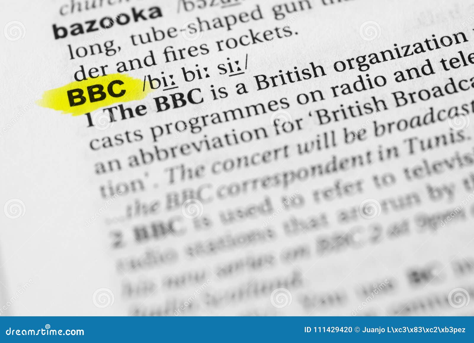 Highlighted English Word `bbc` and Its Definition in the Dictionary