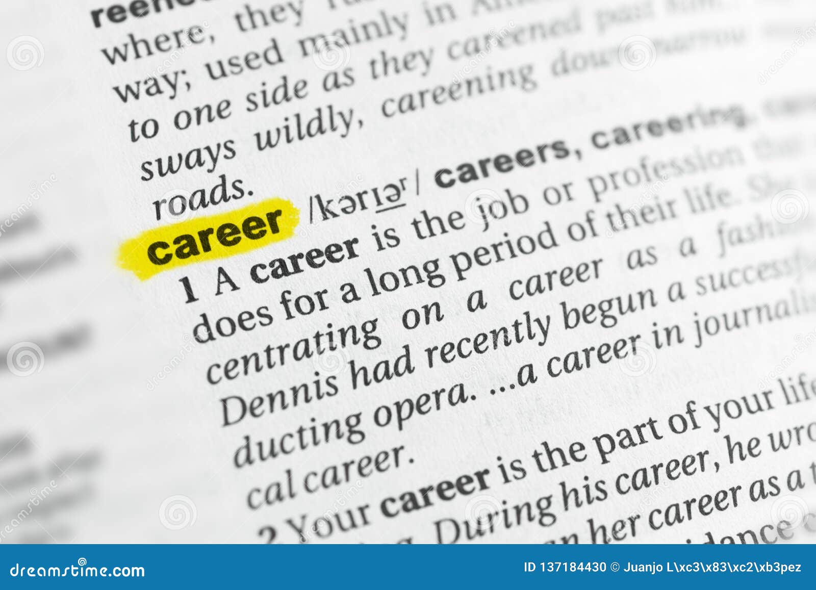 highlighted english word career and its definition at the define career