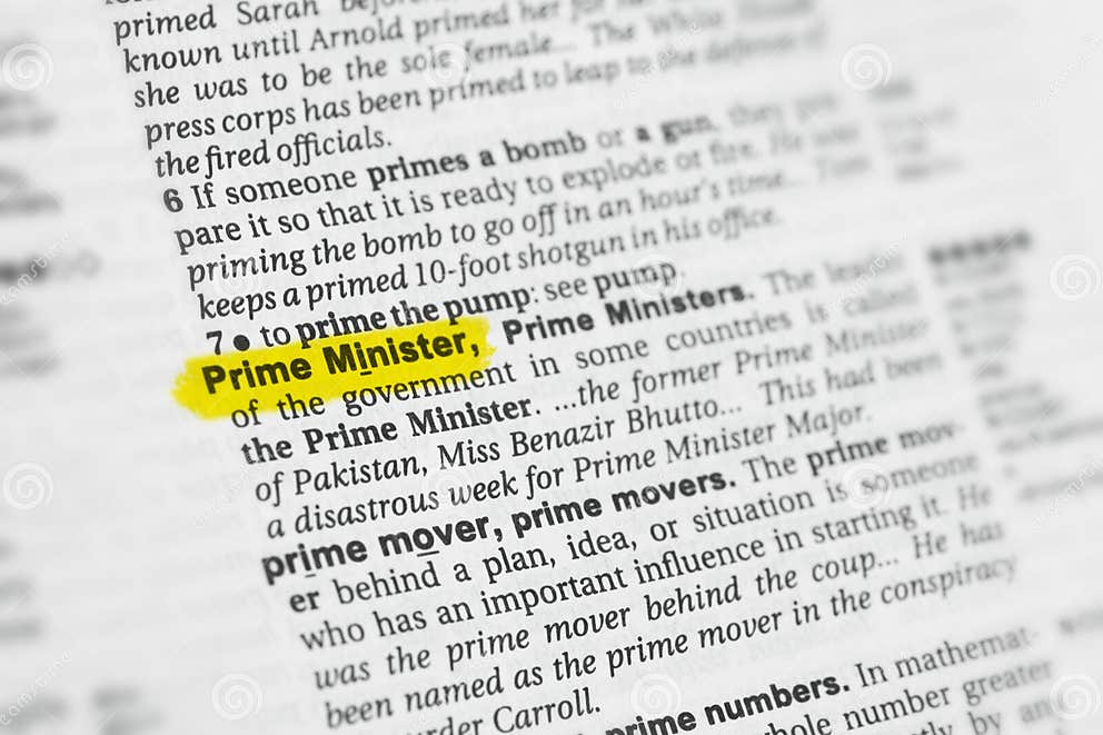 Highlighted English Word Prime Minister and Its Definition at the