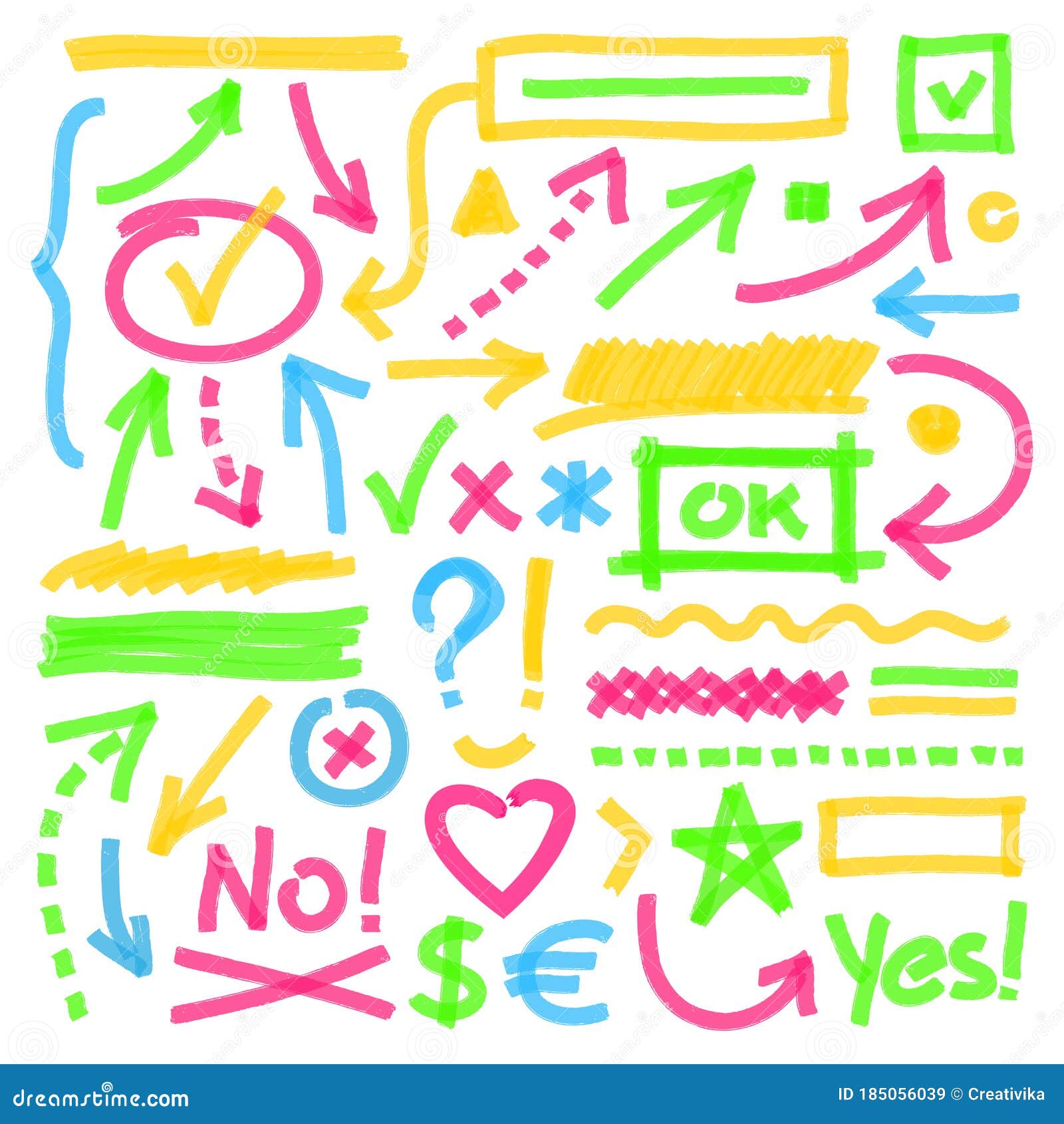 Highlighter Marks, Strokes, Arrows and Other Symbols Set Stock Vector