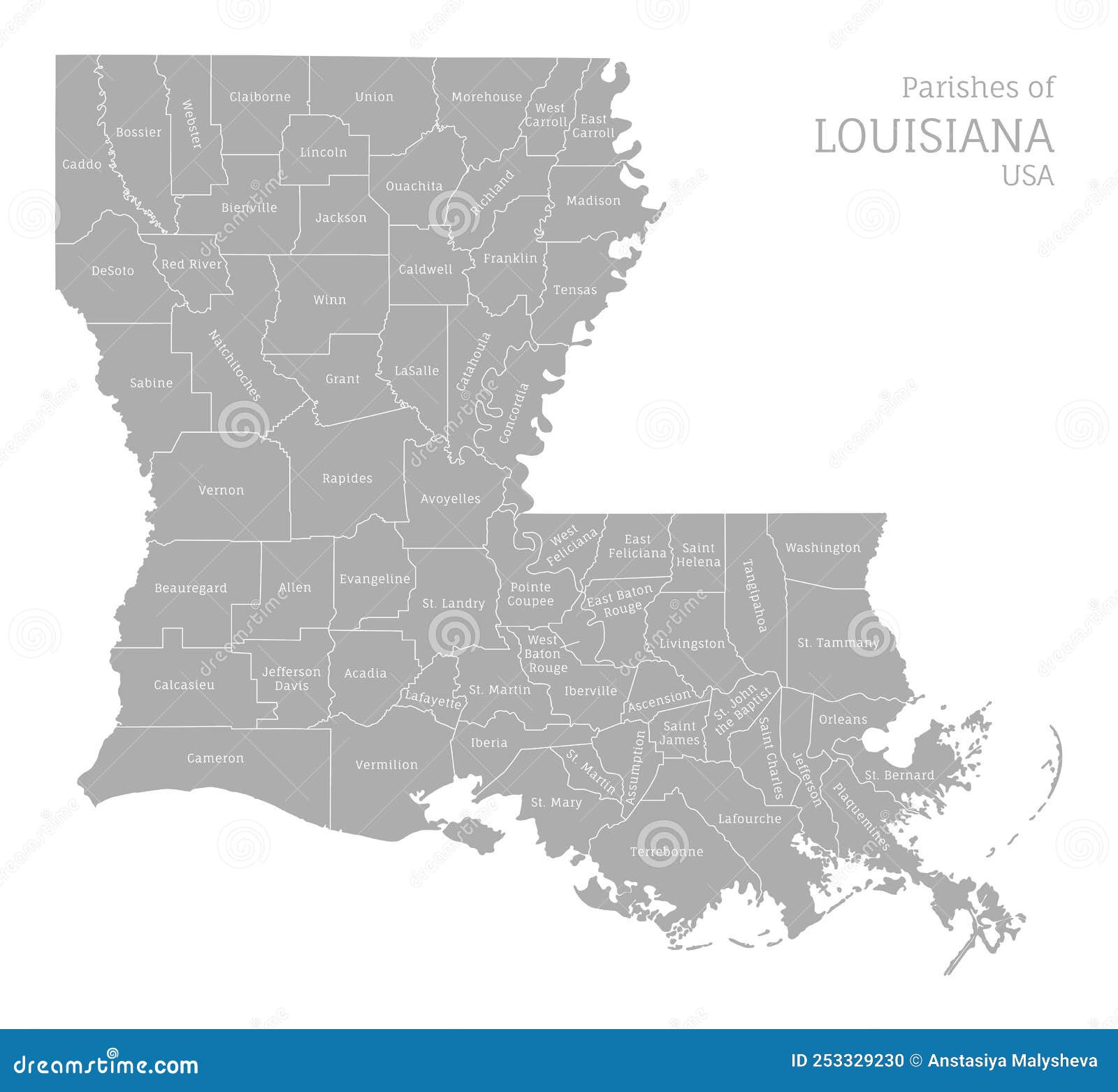 Highly Detailed Administrative Map of Louisiana, US State Stock Vector