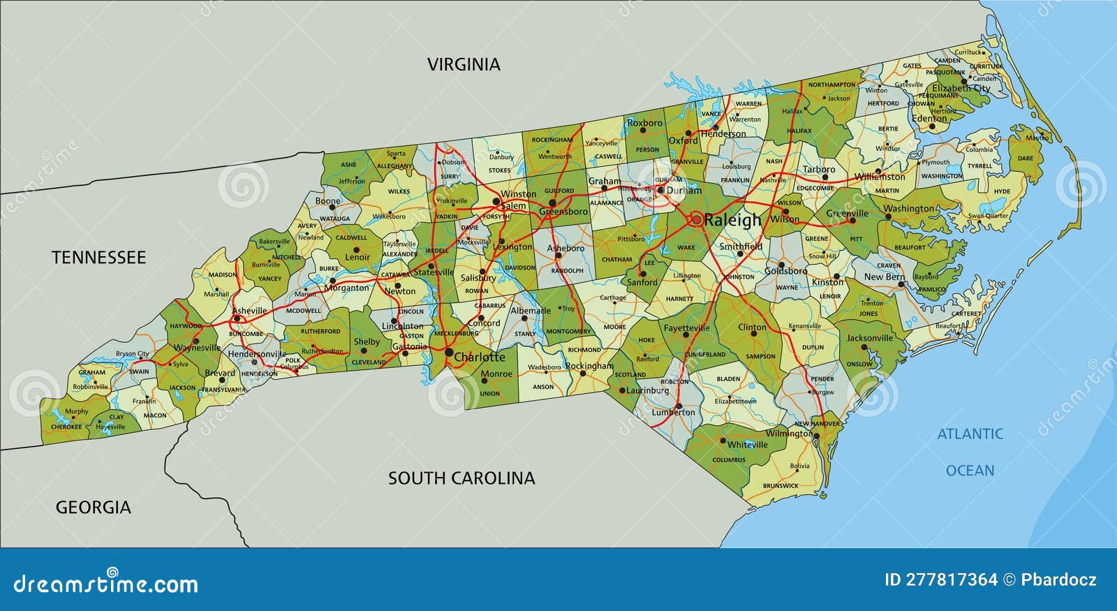 Detailed Editable Political Map with Separated Layers. North Carolina