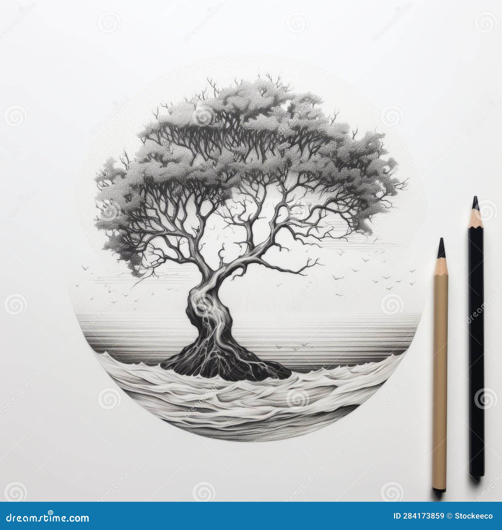 beach-inspired black and white dotwork sketch: detailed tree on waves