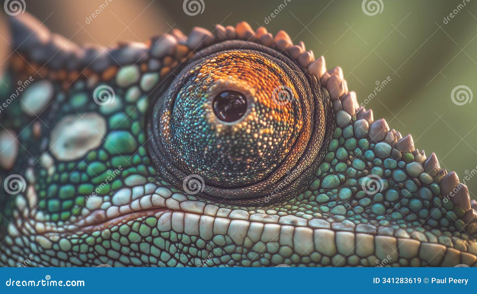 macro shot of chameleon eye with orange and blue green scales detailed texture