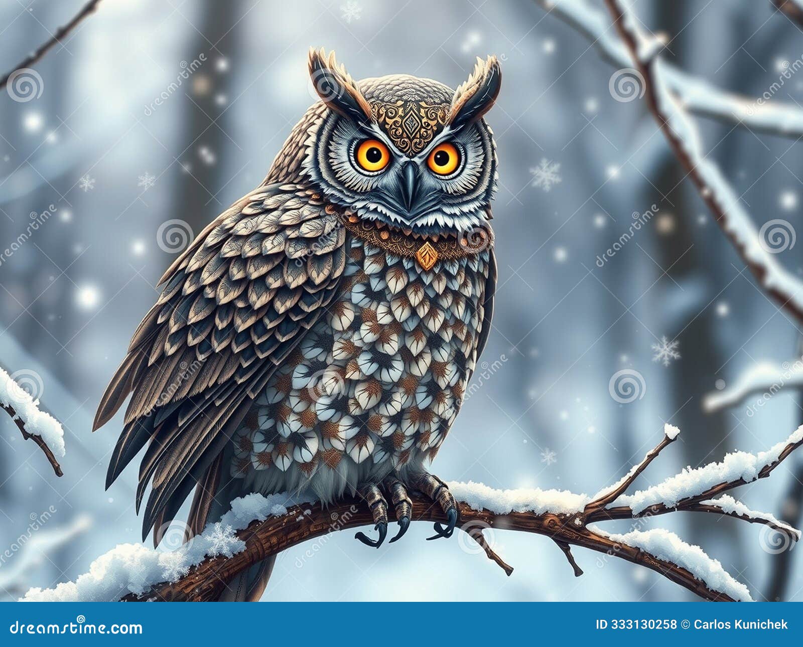 a highly detailed and ornate owl perched on a branch in a winter setting, with intricate patterns on its feathers and snowflakes