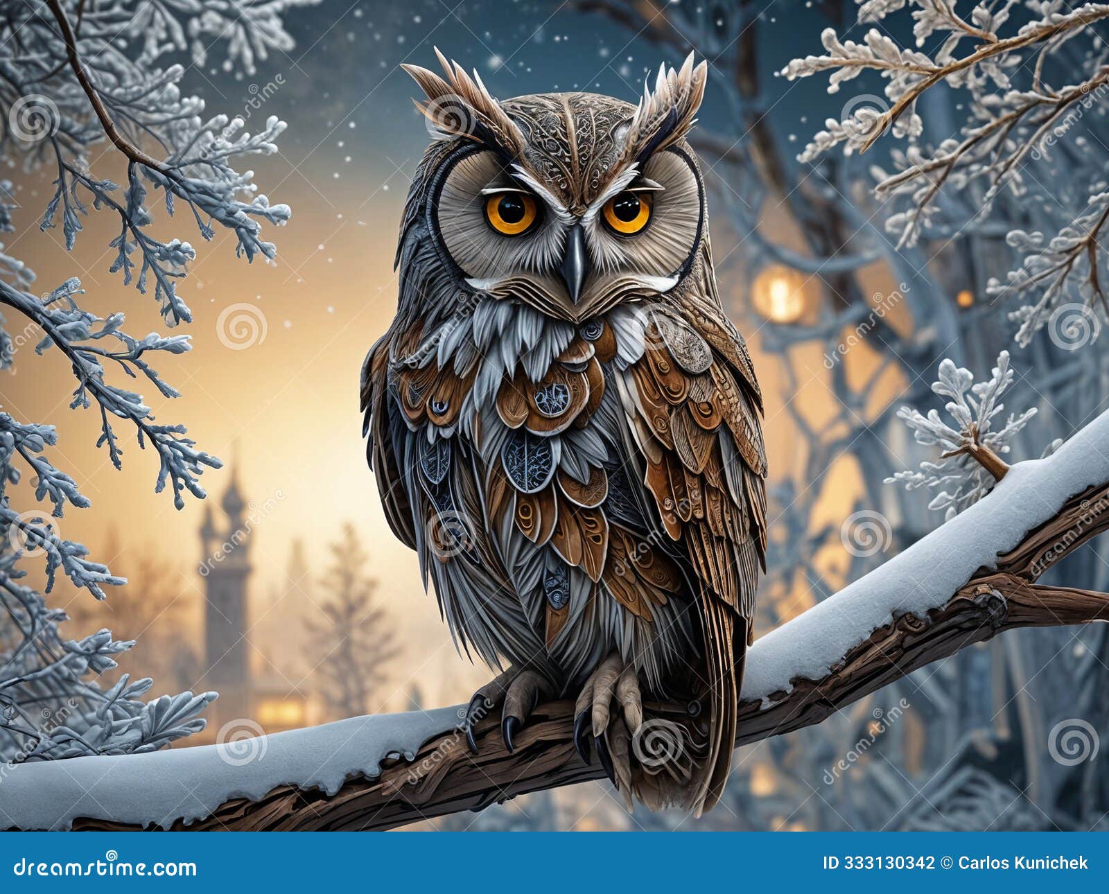 a highly detailed and ornate owl perched on a branch in a winter setting, with intricate patterns on its feathers and snowflakes