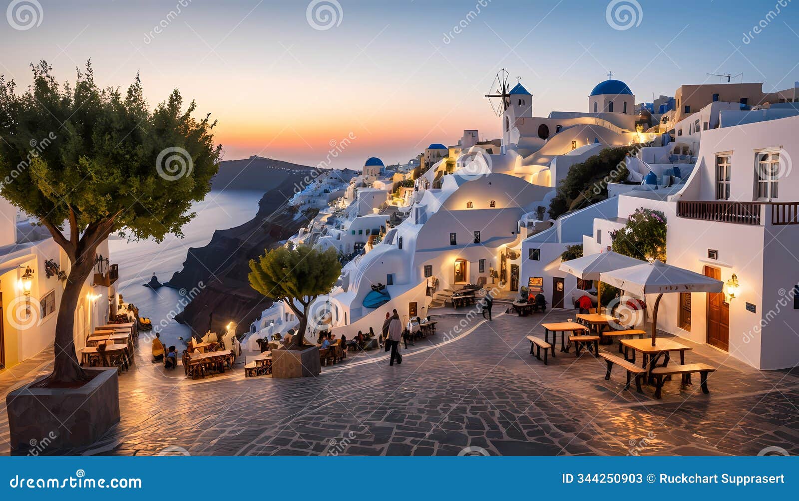 a highly detailed photo-realistic image of the main square on santorini at dusk
