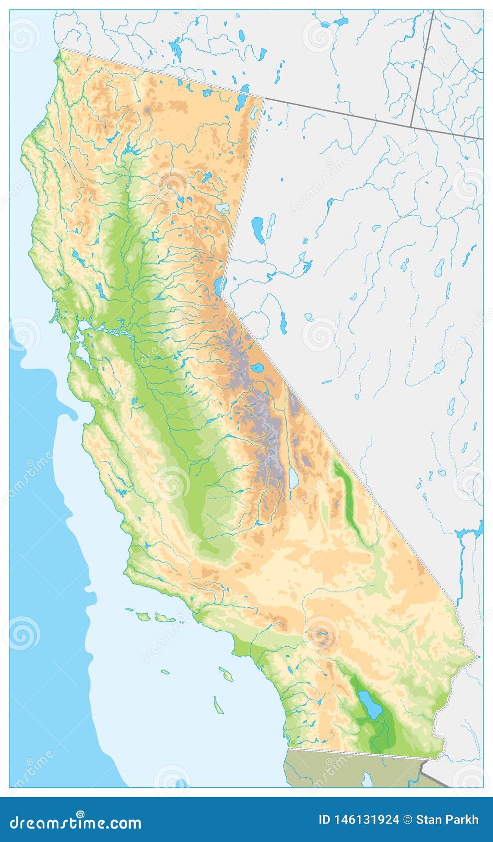 Highly Detailed Physical Map Of California No Text Stock Vector