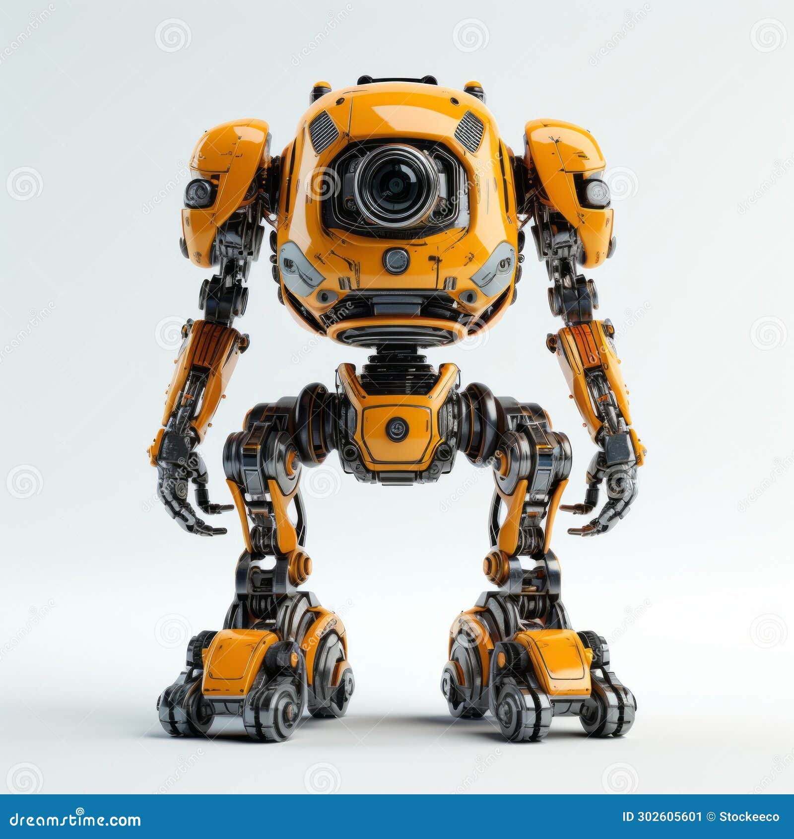highly detailed realism: orange robot with wheels - 3d construction robot rendering