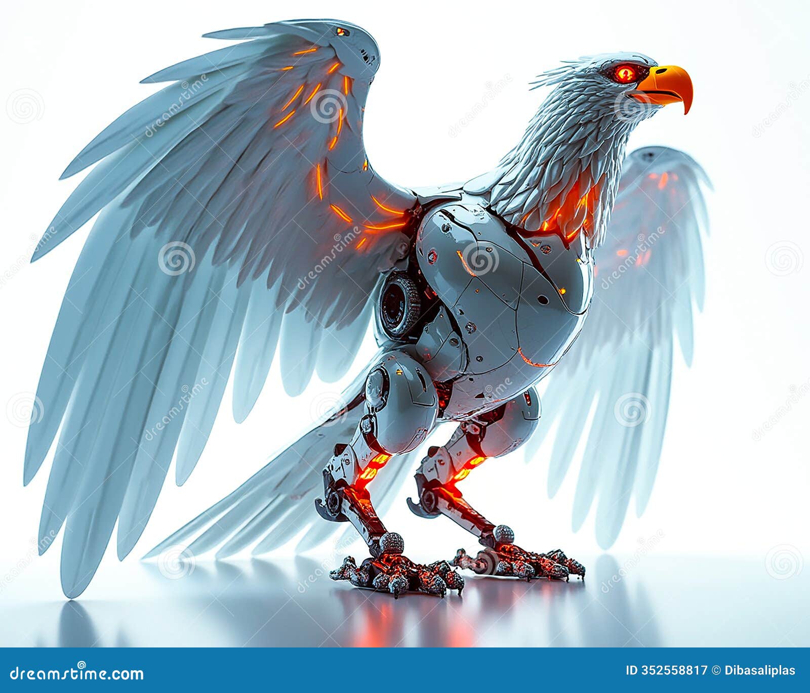 a highly detailed robotic eagle stands poised with bright glowing features