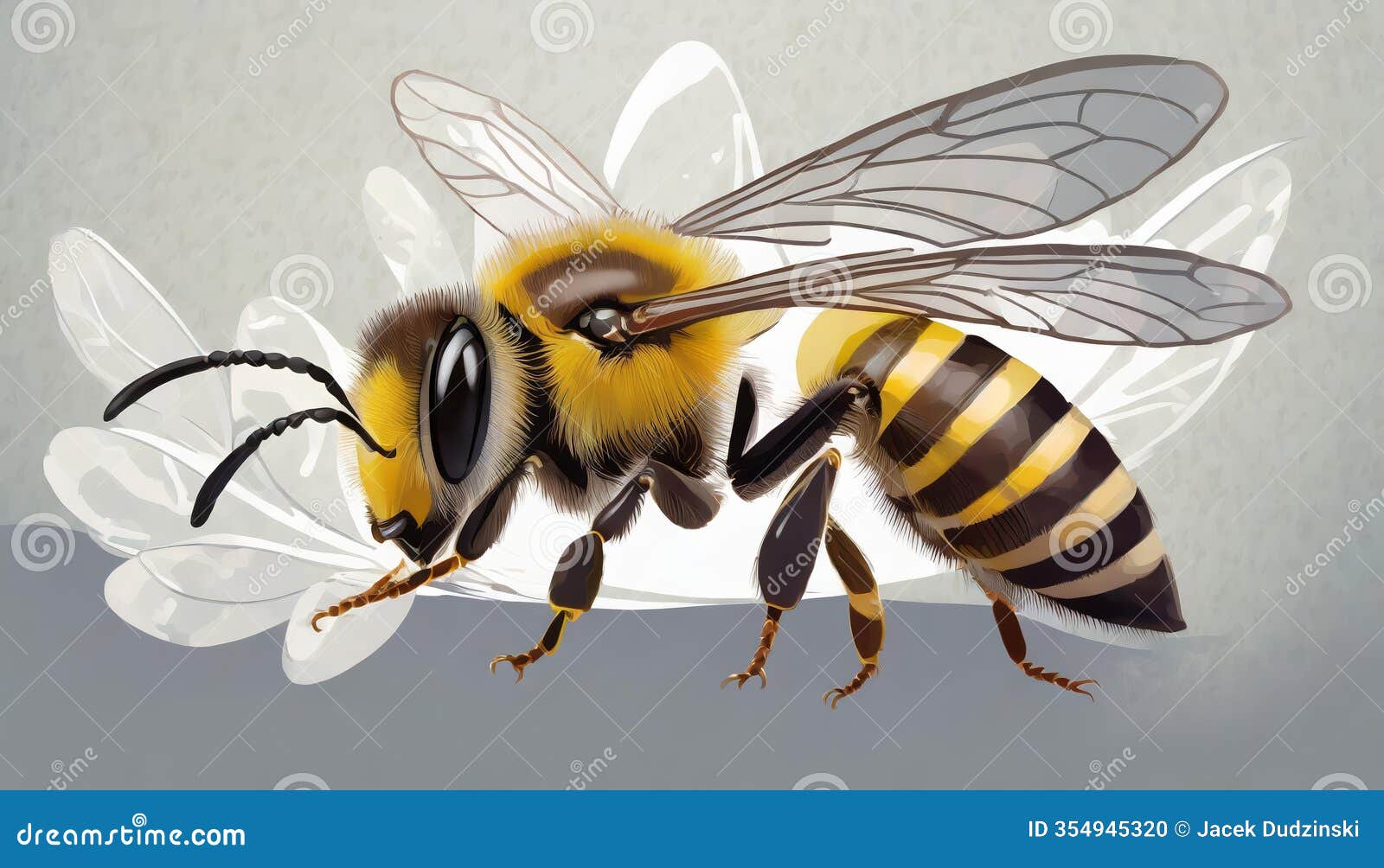 highly detailed side view  of small striped bees with transparent wings, showcasing their intricate patterns and