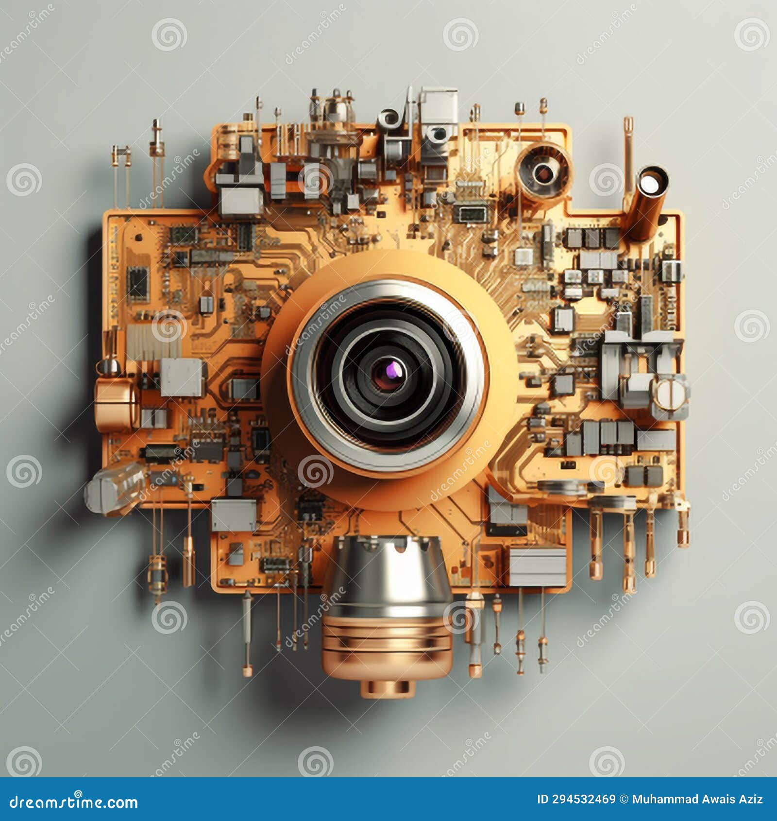 highly rendering of a video camera on a circuit board over gray background