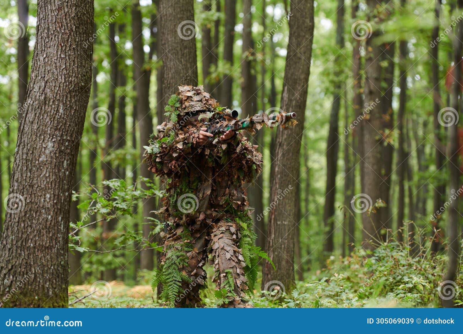a highly skilled elite sniper, camouflaged in the dense forest, stealthily maneuvers through dangerous woodland terrain