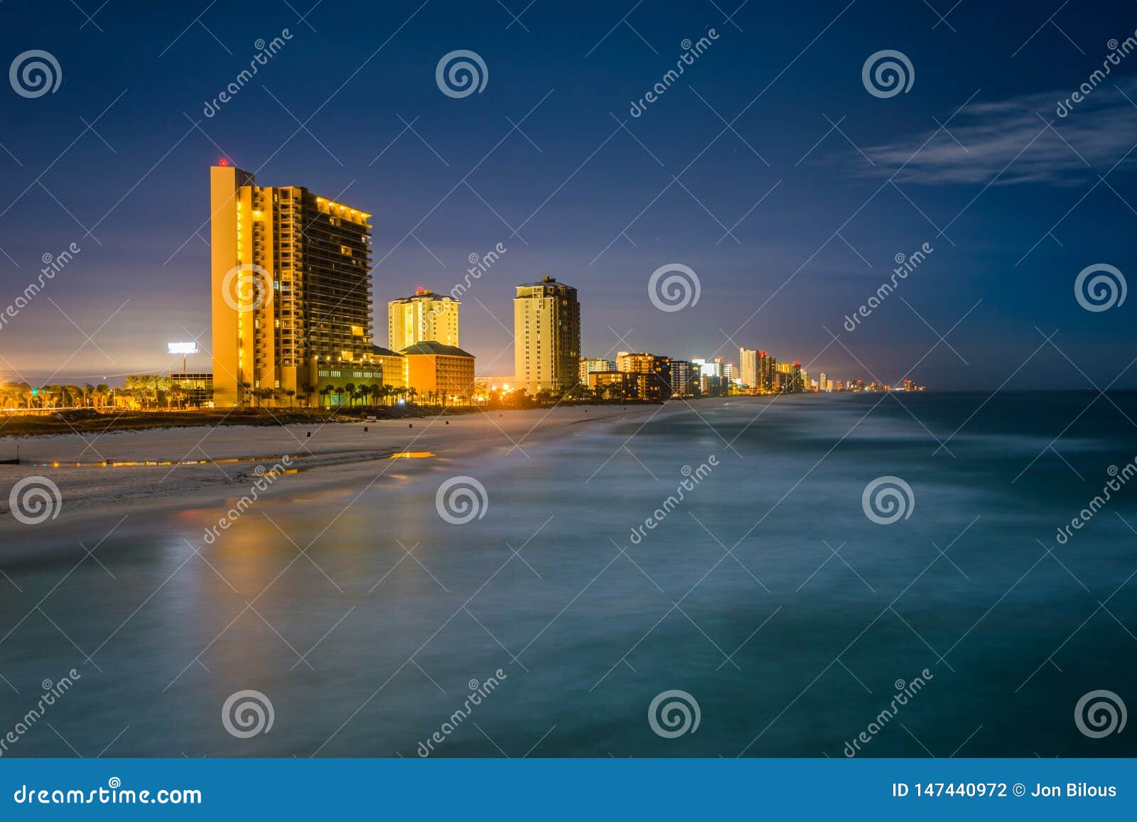 highrises along the gulf of mexico at night, in panama city beach, florida